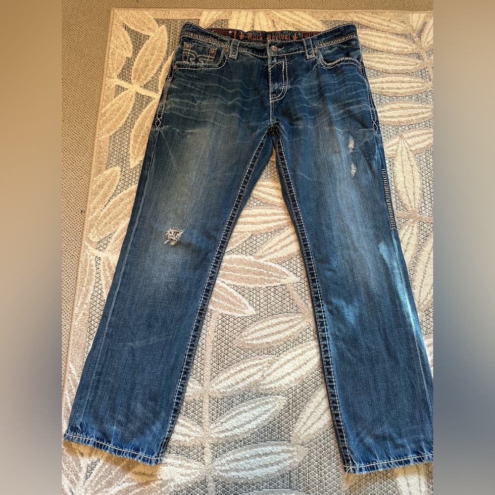 Rock Revival Paul Straight Blue Denim Jeans with Orange Accents 40